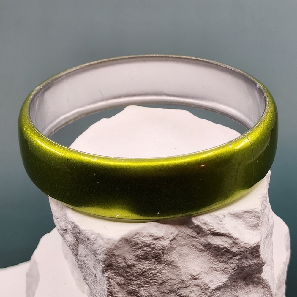 Metallic Olive Green Wide Bangle Bracelet Chunky Glossy Contemporary Jewelry